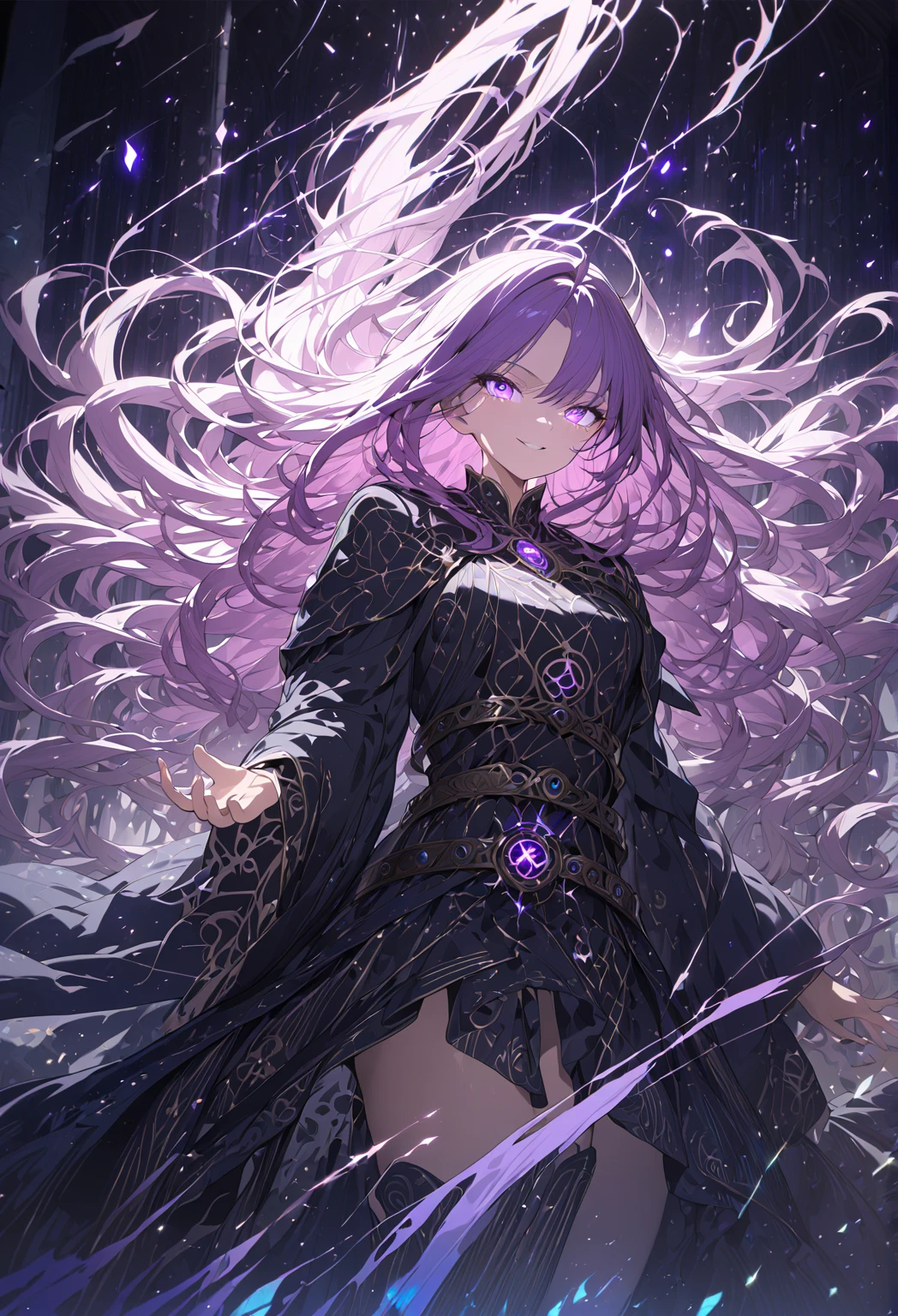 masterpiece, best quality, ultra-detailed, 4k quality, ultra HD, hyper-detailed, photorealistic lighting, intricate textures, cinematic shading, dynamic composition, anime style, soft lighting, high contrast, vibrant colors, 1girl, long purple hair, flowing hair strands, glowing eyes with intricate symbols, mysterious gaze, sadistic smile, wizard girl, full-frame shot, traditional wizard clothes: dark, flowing robe with gold and silver arcane patterns, layered fabric, high collar, fitted sleeves, ornate belt with glowing runes, magical pendants, thigh-high boots with arcane symbols, wizard hat tilted to cover one eye, detailed stitching, hand raised, blackfire emerging from her hand, glowing embers, swirling dark particles, dynamic pose, dramatic lighting, particles floating around, wind-blown fabric, otherworldly atmosphere, depth of field, magical aura, professional anime art style, perfect face, perfect hands, perfect human anatomy