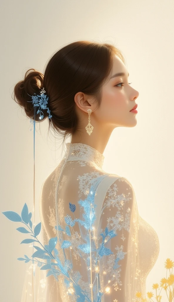 Minimalist artistic portrait, elegant woman in profile, glowing skin, hair tied in neat bun, invert color, glow line, inverted outline, golden and muted blue tones, abstract botanical elements, textured off-white paper background, shining highlights, glowing gradients, soft diffuse lighting, serene expression, radiant atmosphere.