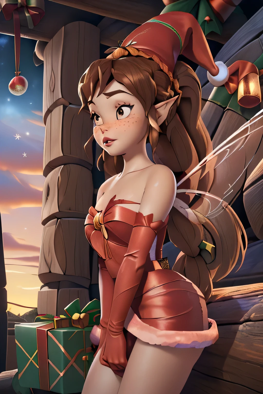 1girl in, age18, Fawn Waifu, photo of perfect woman, miniature ferry, Solo, (miniature girl and a huge world: 1.2), Aesthetic artwork, (long brown hair, very long brunette braided ponytail:1.25), (some small freckles, pale skin, large breasts, D-cup, runners body, very thin waist, skinny, petite, detailed skin texture), (fairy wings, big fairy wings, fairy ears: 1.33), (wearing makeup, long red satin elbow gloves, (santa), red santa dress, santa hat, strapless dress: 1.5), looking down at her, her kneeling at your feet, Looking up at you, seeing down her cleaveage, seductive eyes, glossy lips, focus on breasts:1.2), ((cozy log cabin, stary sky, tiny girl surrounded by giant objects, detailed treehouse:1.3), (extremely detailed 8k wallpaper), soft lighting, high quality, film grain, Fujifilm XT3 sharp focus, f 5.6, 50mm, High Detail, Sharp focus,(natural light), crazy details, complex details, hyper detailed. (cowboy photo:1.2), light particles