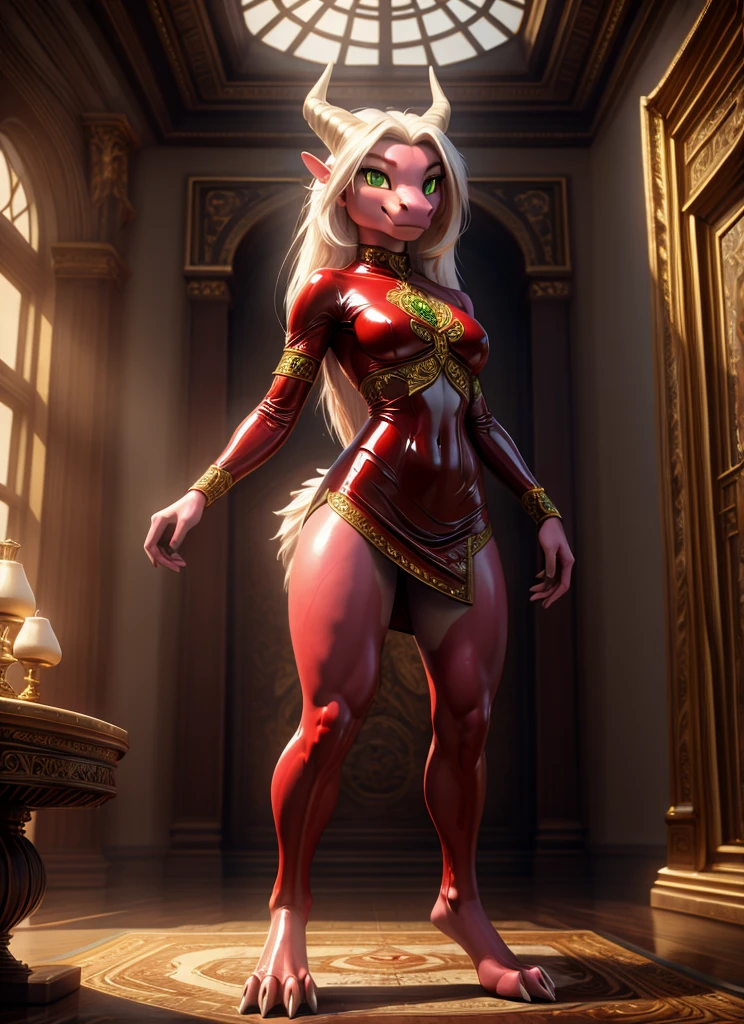 1Kobold , long hornse, perfect skin, pink skin,detalied green eyes,perfect eyes, white very long  hair ,latex red gloss ,latex red short dress,   latex cloves, full length, extreme detailed,  masterpiece,8k, stunning, highly detailed, 8k, ornate, intricate, dehazed, atmospheric,duration:1.6), physically based visualization,professional photography,bright colors,cinematic lighting, room,Шедевр,