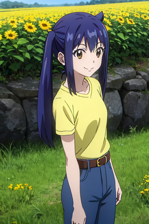 1girl, Solo, Smile, Twintails, Blue Hair, brown eyes, yellow t shirt, blue pants, two anime ears, belt, white collard t shirt,Masterpiece, High Resolution, High Details, HD, UHD, Anime Style, , standinhday, meadow, outdoors