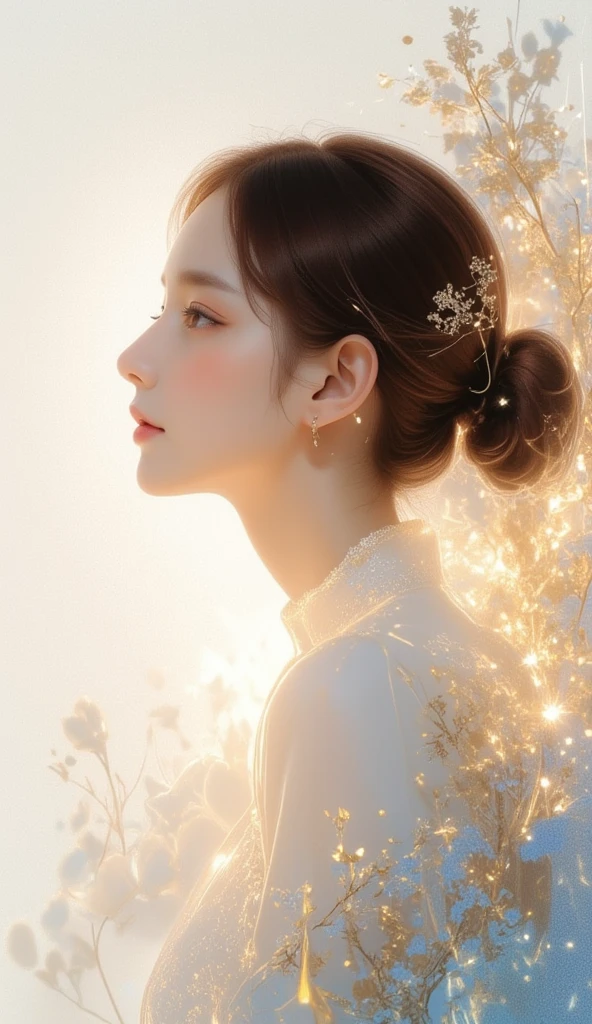 Minimalist artistic portrait, elegant woman in profile, glowing skin, hair tied in neat bun, invert color, glow line, inverted outline, golden and muted blue tones, abstract botanical elements, textured off-white paper background, shining highlights, glowing gradients, soft diffuse lighting, serene expression, radiant atmosphere.