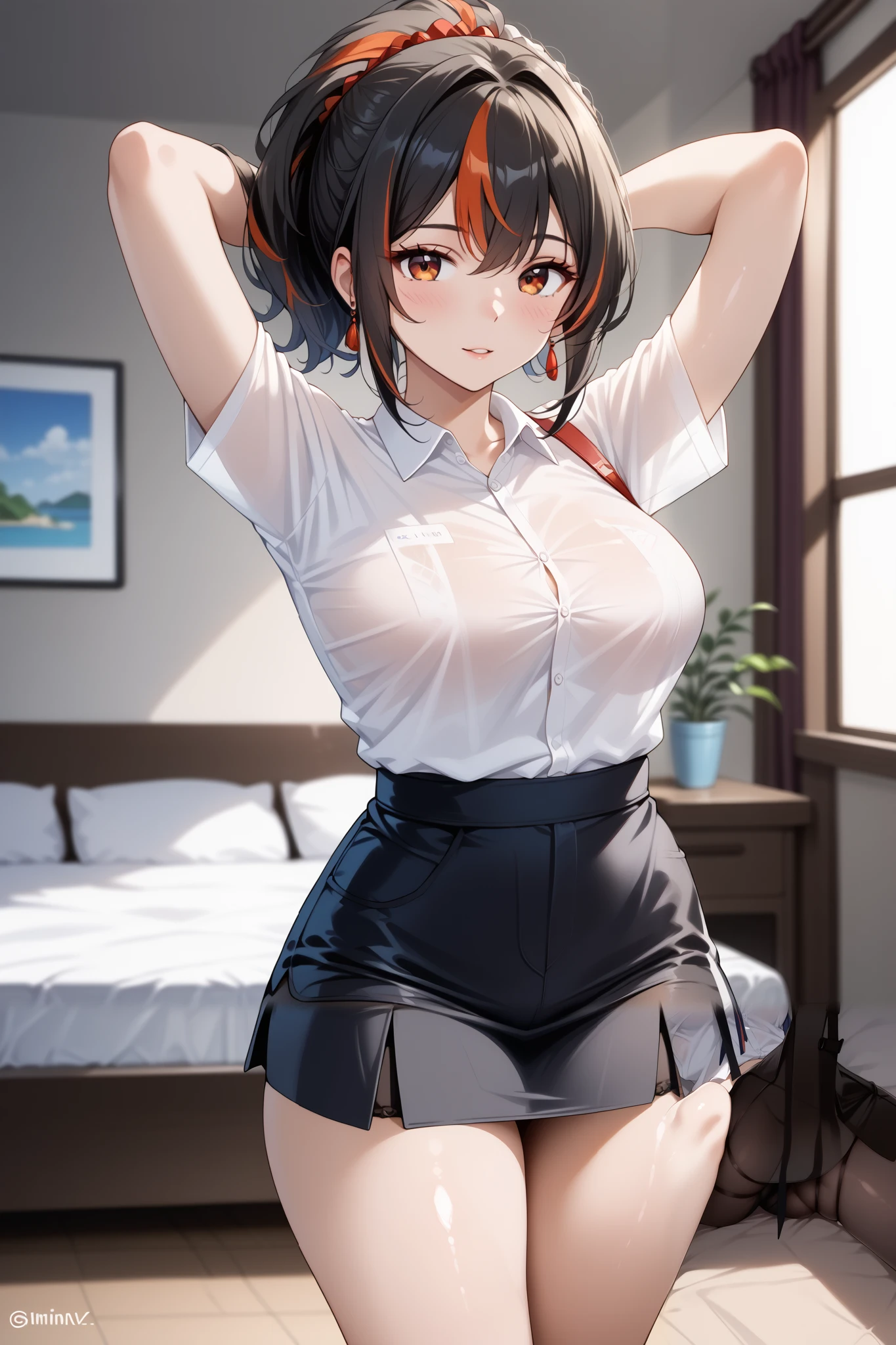 Masterpiece,high quality,2d mixed 3d, solo ,1 girl,zhu yuan,((slim body)),fullbody,stand up,looking at viewers,streaked ponytail hair,large breasts,beauty legs,arms behind back head,(slimfit white shirt),(black span skirt pants),((bed room)