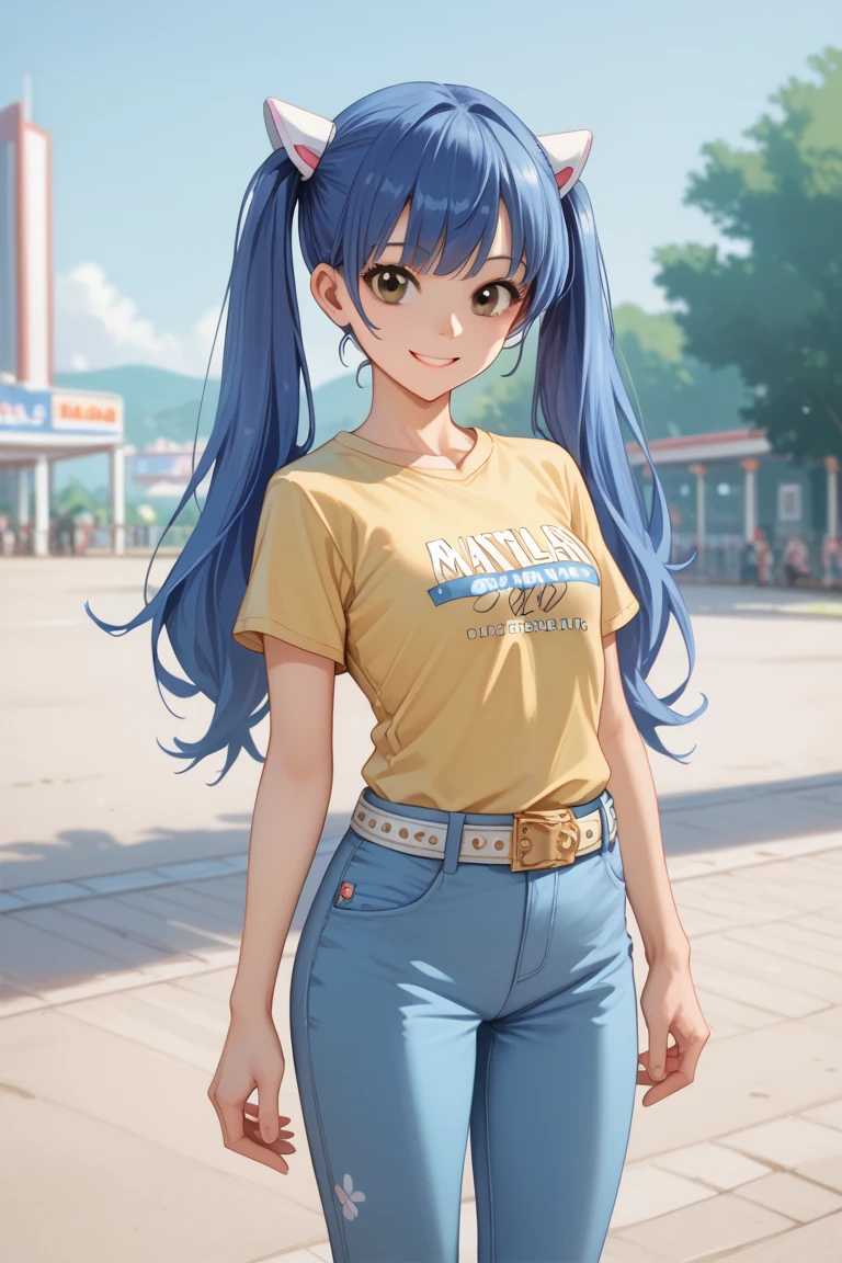 1girl, Solo, Smile, Twintails, Blue Hair, brown eyes, yellow t shirt, blue pants, two anime ears, belt, white collard t shirt,Masterpiece, High Resolution, High Details, HD, UHD, Anime Style, , standinhday, meadow, outdoors