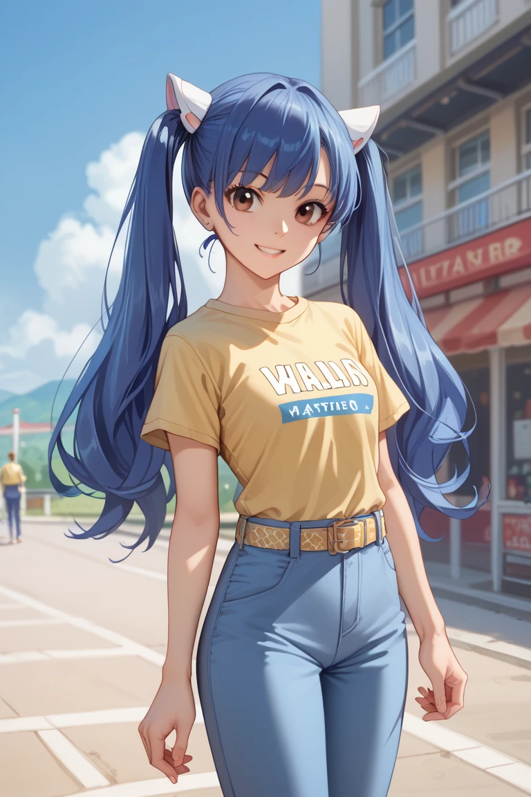 1girl, Solo, Smile, Twintails, Blue Hair, brown eyes, yellow t shirt, blue pants, two anime ears, belt, white collard t shirt,Masterpiece, High Resolution, High Details, HD, UHD, Anime Style, , standinhday, meadow, outdoors