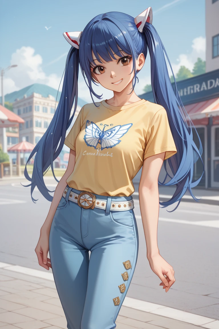 1girl, Solo, Smile, Twintails, Blue Hair, brown eyes, yellow t shirt, blue pants, two anime ears, belt, white collard t shirt,Masterpiece, High Resolution, High Details, HD, UHD, Anime Style, , standinhday, meadow, outdoors