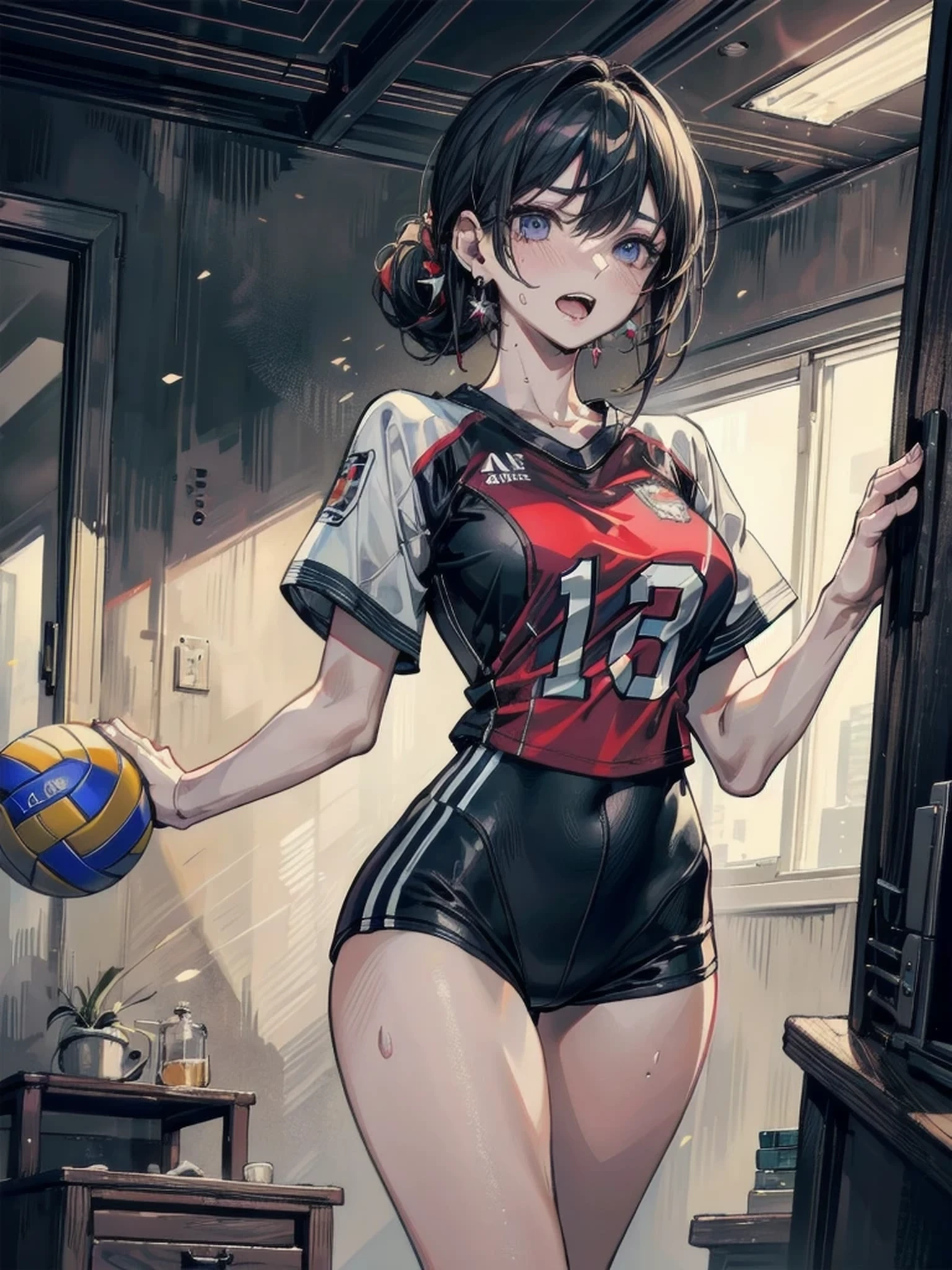 Masterpiece, Ultra quality, good lighting, shadows, perfect anatomy, posing, 1 girl, 21 years, mature girl, volleyball player, cute face, beautiful body, black medium hair, black eyes, seductive eyes, volleyball uniform, background room, rear, breasts, Thighs, seductive, hot, spicy, NSFW,
