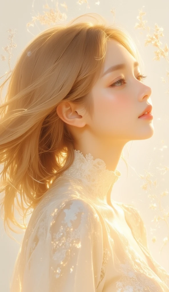 Minimalist artistic portrait, elegant woman in profile, glowing skin, hair flowing in the wind and blending into abstract botanical patterns, golden and muted tones, textured off-white paper background, glowing gradients, soft diffuse lighting, serene expression, ethereal and radiant atmosphere, seamless integration of elements.