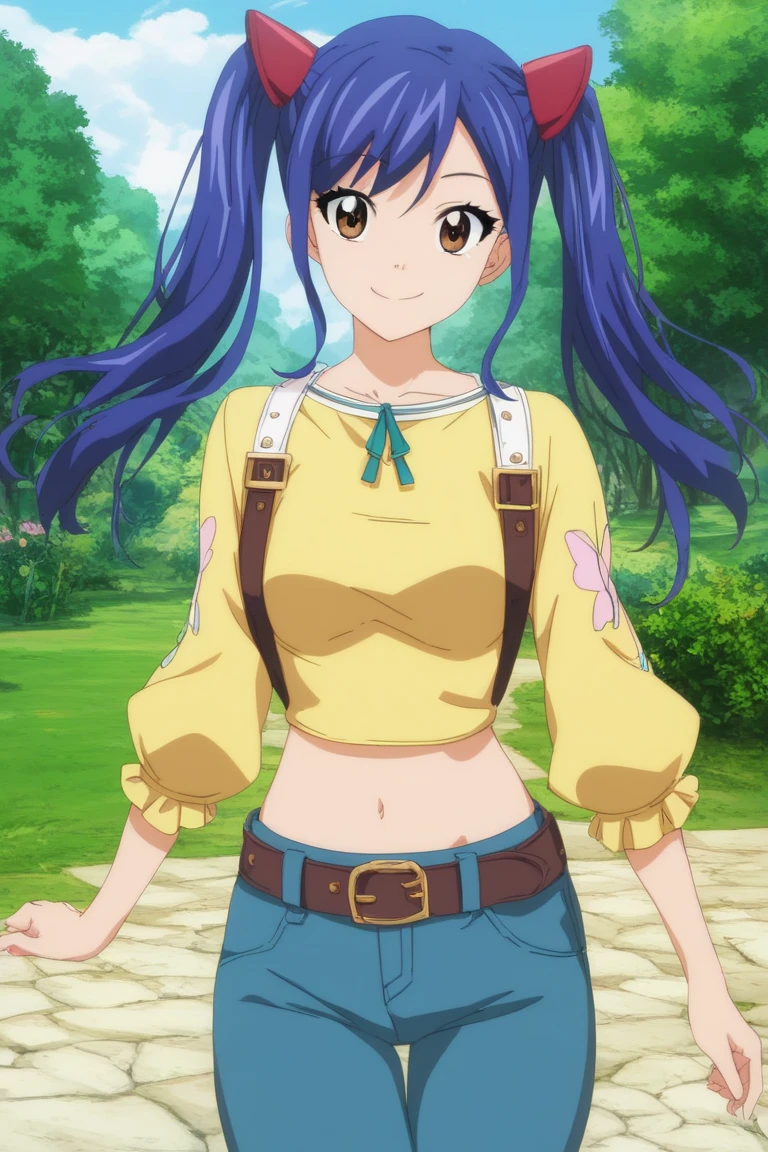 1girl, Solo, Smile, Twintails, Blue Hair, brown eyes, yellow t shirt, flutter sleeves, midriff, blue short, two anime ears, belt, white collard t shirt,Masterpiece, High Resolution, High Details, HD, UHD, Anime Style, , standinhday, meadow, outdoors