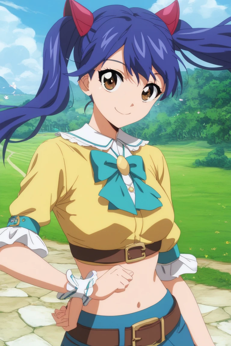 1girl, Solo, Smile, Twintails, Blue Hair, brown eyes, yellow t shirt, flutter sleeves, midriff, blue short, two anime ears, belt, white collard t shirt,Masterpiece, High Resolution, High Details, HD, UHD, Anime Style, , standinhday, meadow, outdoors