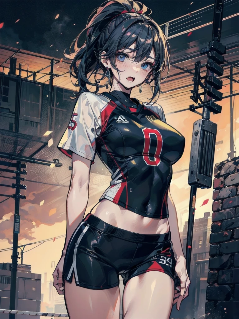 ((((absurdres, RAW photo, extremely delicate and beautiful, masterpiece, Best Quality, ultra high resolution, 32k, hyperrealistic, ultra-detailed)))), in her 20s, very Slim body, narrow waist, very small head, very small face, delicate facial features, beautiful face, beautiful eyes, medium tits, ((medium hair)), black hair, wavy hair, tearful mole, earring, ((full body shot)), ((volleyball uniform)), ((gymnasium)),