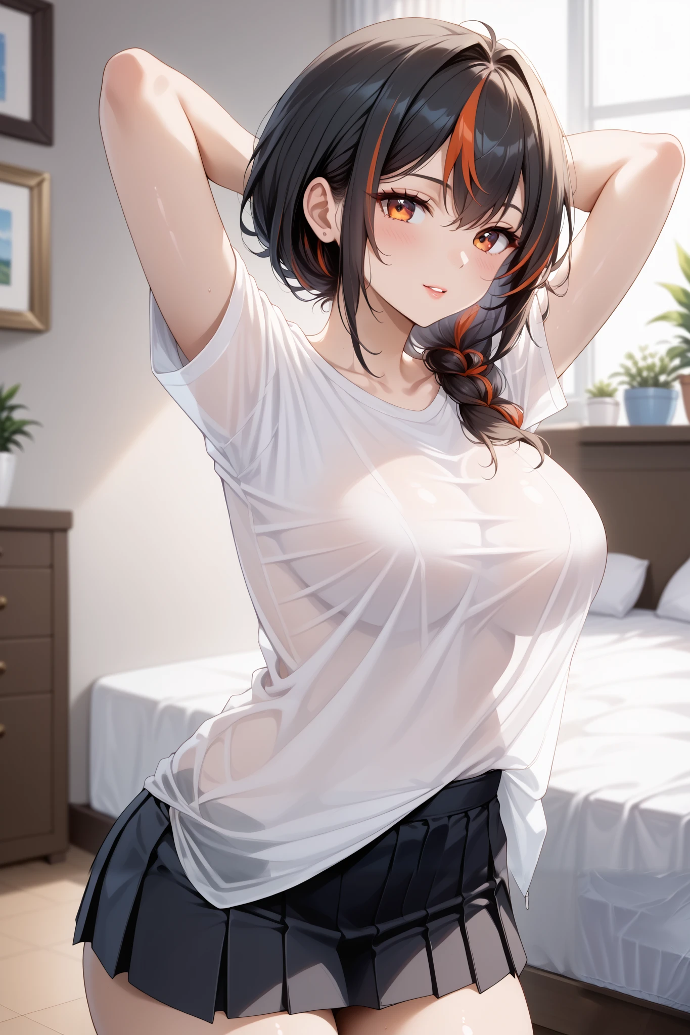 Masterpiece,high quality,2d mixed 3d, solo ,1 girl,zhu yuan,((slim body)),fullbody,stand up,looking at viewers,streaked ponytail hair,large breasts,beauty legs,arms behind back head,(slimfit white shirt),(black span skirt pants),((bed room)