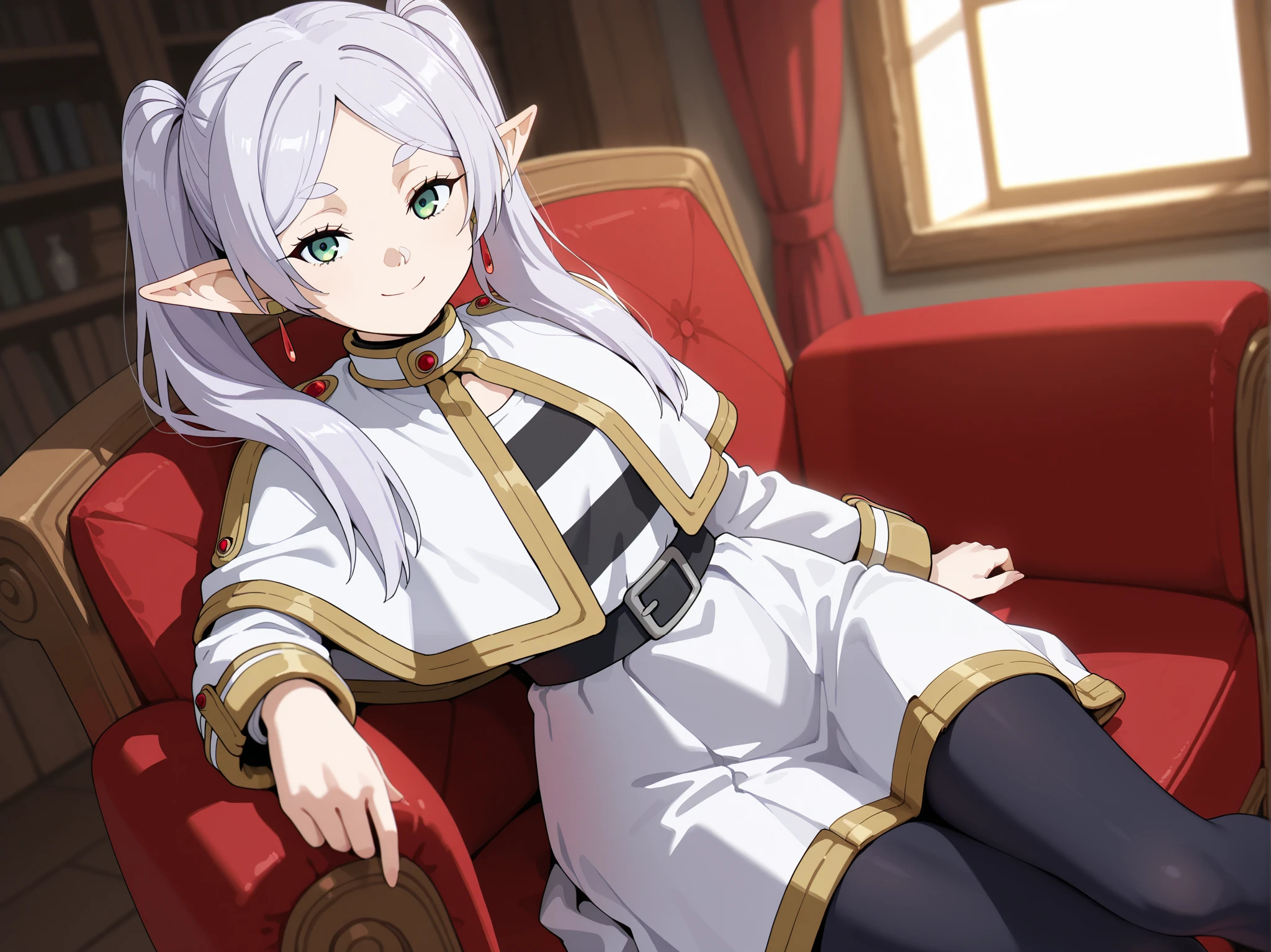 (masterpiece), best quality, absurdres, very aesthetic, nice hands, 1 girl,zzFrieren, long hair, smile,  twintails, green eyes, grey hair, pointy ears, elf, zzFrieren, long hair, twintails, green eyes, grey hair, pointy ears, elf, shirt, long sleeves, jewelry, earrings, striped, capelet, striped shirt, white skirt, black pantyhose,