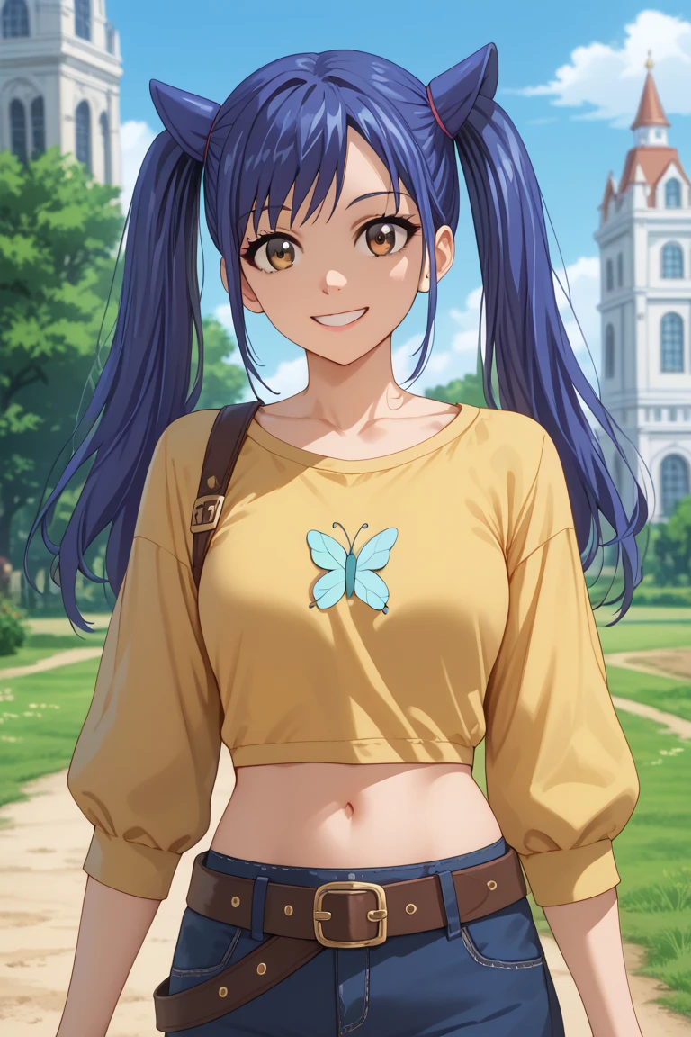 1girl, Solo, Smile, Twintails, Blue Hair, brown eyes, yellow t shirt, flutter sleeves, midriff, blue short, two anime ears, belt, white collard t shirt,Masterpiece, High Resolution, High Details, HD, UHD, Anime Style, , standinhday, meadow, outdoors, collarbone,