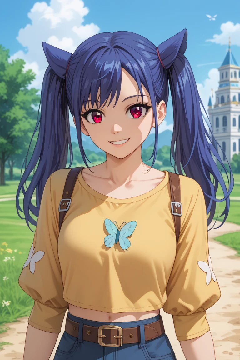 1girl, Solo, Smile, Twintails, Blue Hair, brown eyes, yellow t shirt, flutter sleeves, midriff, blue short, two anime ears, belt, white collard t shirt,Masterpiece, High Resolution, High Details, HD, UHD, Anime Style, , standinhday, meadow, outdoors, collarbone,