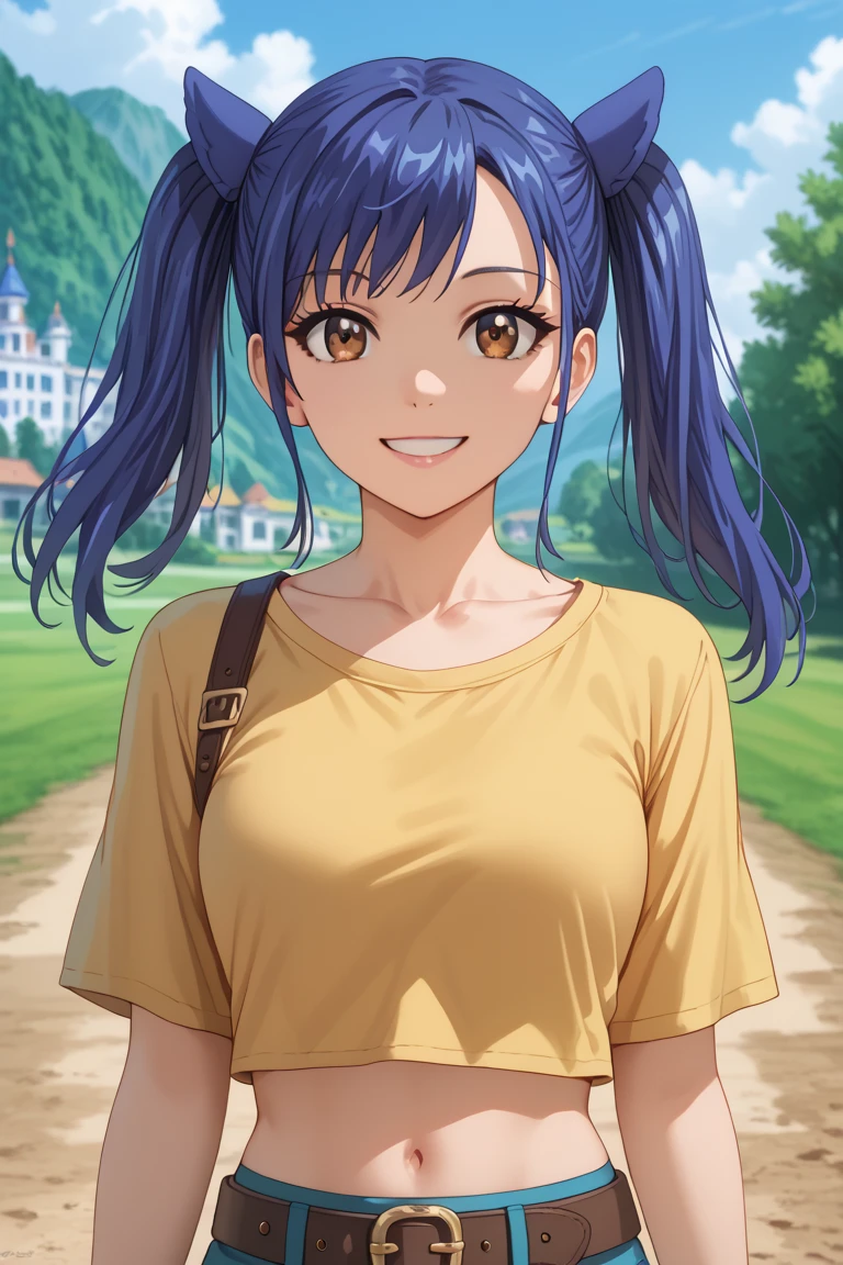 1girl, Solo, Smile, Twintails, Blue Hair, brown eyes, yellow t shirt, flutter sleeves, midriff, blue short, two anime ears, belt, white collard t shirt,Masterpiece, High Resolution, High Details, HD, UHD, Anime Style, , standinhday, meadow, outdoors, collarbone,