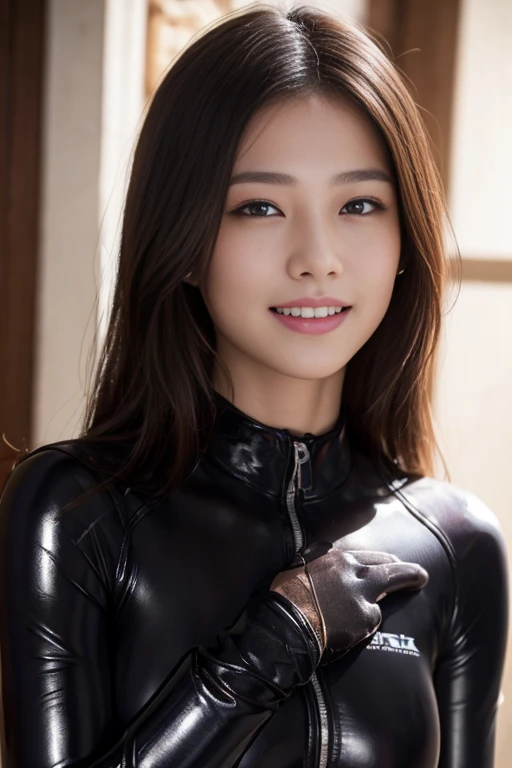 (1 girl)、highest quality、masterpiece、超A high resolution、(Photoreal:1.4)、Raw photo、1 girl、Wet Hair、hot、Sweat、(Wear skin-tight leather racing suits)、female rider、Long sleeve,、Leather Racing Gloves、Portraiture、Shadow、Octane Rendering、8k、Ultra Sharp、Metal、Intricate decorative detailore about Japan、Very intricate detail、Realistic Light、(smile)、Shining Eyes、To the camera、Small LED、close