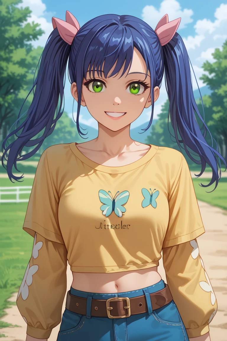 1girl, Solo, Smile, Twintails, Blue Hair, brown eyes, yellow t shirt, flutter sleeves, midriff, blue short, two anime ears, belt, white collard t shirt,Masterpiece, High Resolution, High Details, HD, UHD, Anime Style, , standinhday, meadow, outdoors, collarbone,