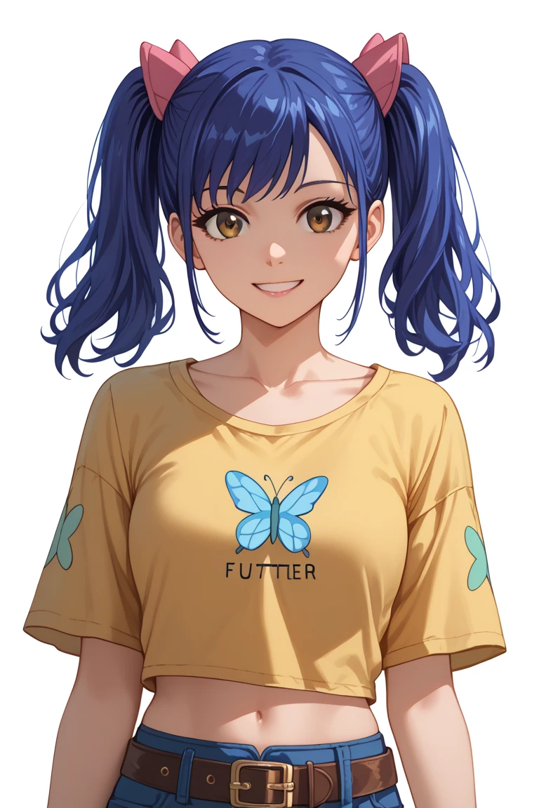 1girl, Solo, Smile, Twintails, Blue Hair, brown eyes, yellow t shirt, flutter sleeves, midriff, blue short, two anime ears, belt, white collard t shirt,Masterpiece, High Resolution, High Details, HD, UHD, Anime Style, , standinhday, meadow, outdoors, collarbone,