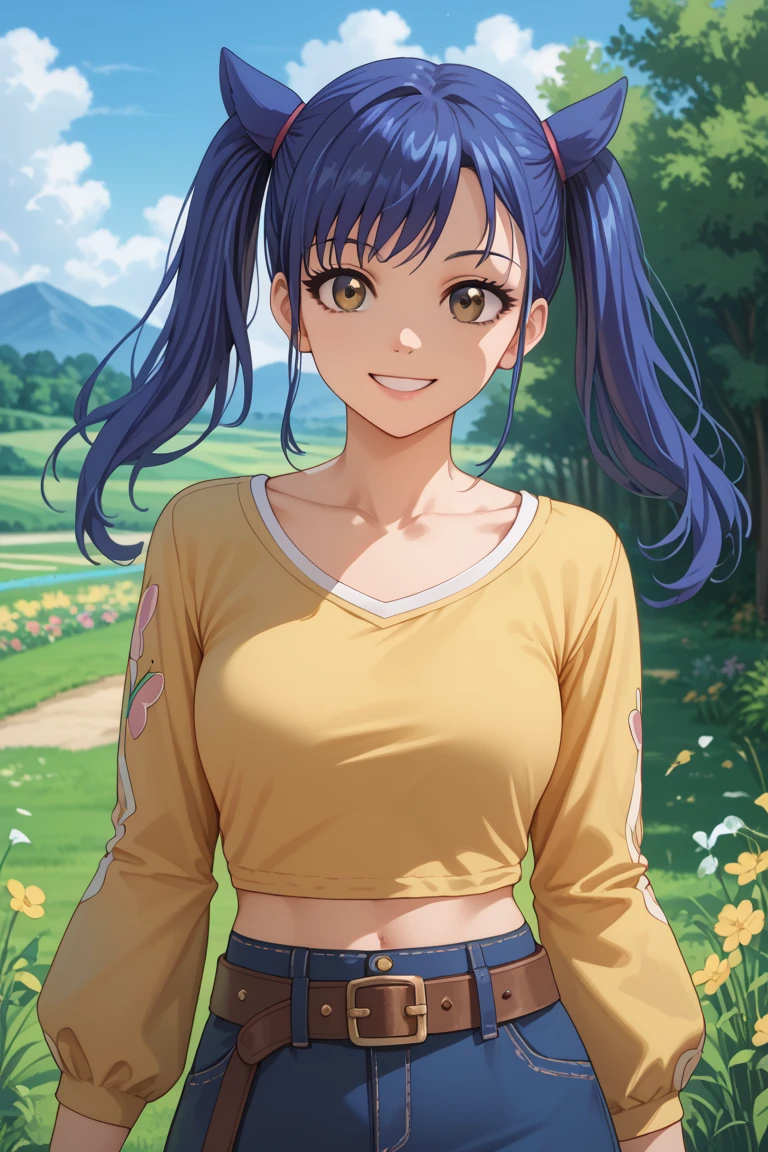 1girl, Solo, Smile, Twintails, Blue Hair, brown eyes, yellow t shirt, flutter sleeves, midriff, blue short, two anime ears, belt, white collard t shirt,Masterpiece, High Resolution, High Details, HD, UHD, Anime Style, , standinhday, meadow, outdoors, collarbone,