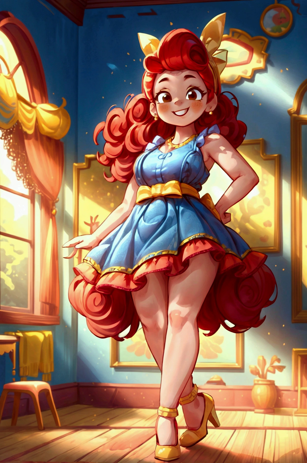 (masterpiece, best quality) (Landscape: standing, indoor, intricate detail, sunlight) (Outfit: blue and yellow frilly dress, red high heel shoes, earrings, headband ) (Body: red hair, brown eyes, big size body, lovely) (Expressions: smiley face, sexy pose, coquette) 
