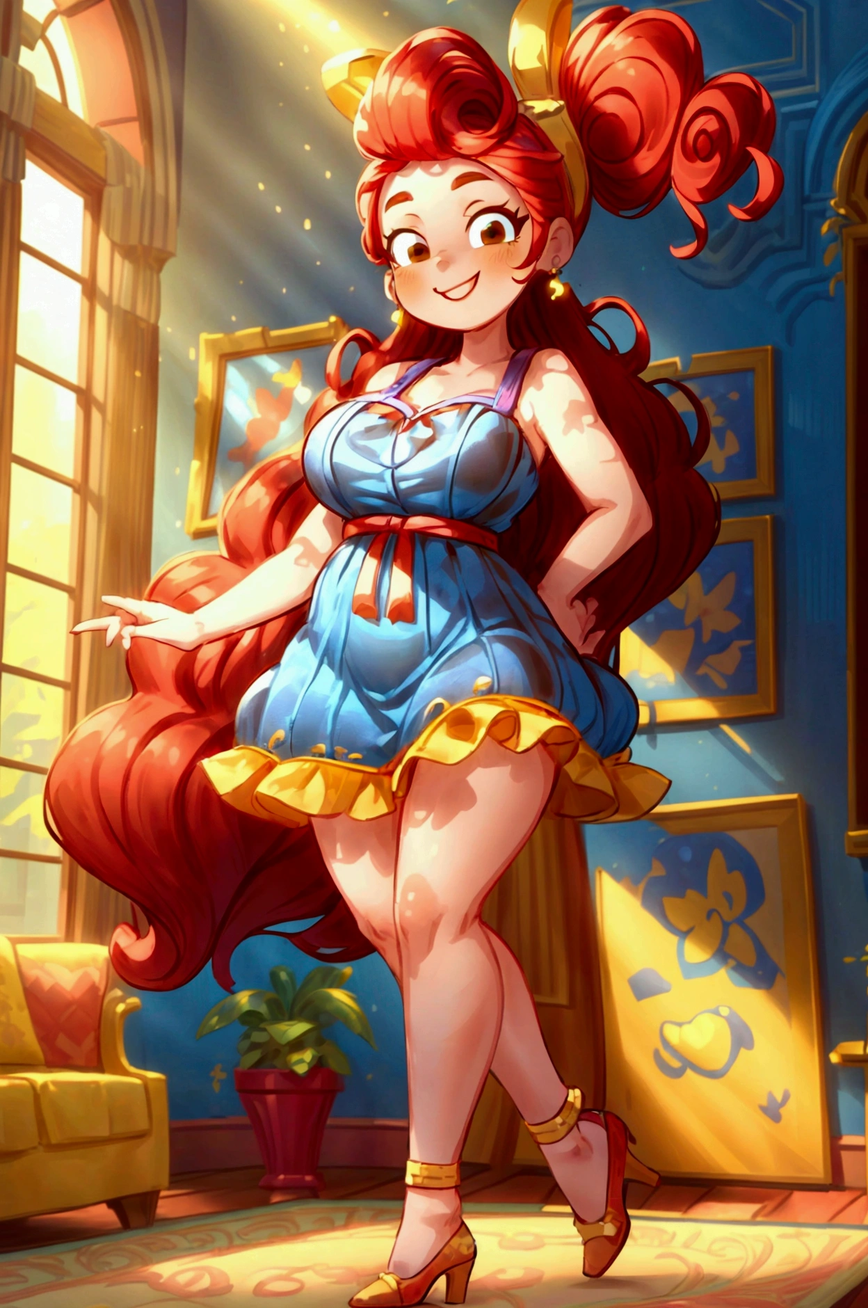 (masterpiece, best quality) (Landscape: standing, indoor, intricate detail, sunlight) (Outfit: blue and yellow frilly dress, red high heel shoes, earrings, headband ) (Body: red hair, brown eyes, big size body, lovely) (Expressions: smiley face, sexy pose, coquette) 
