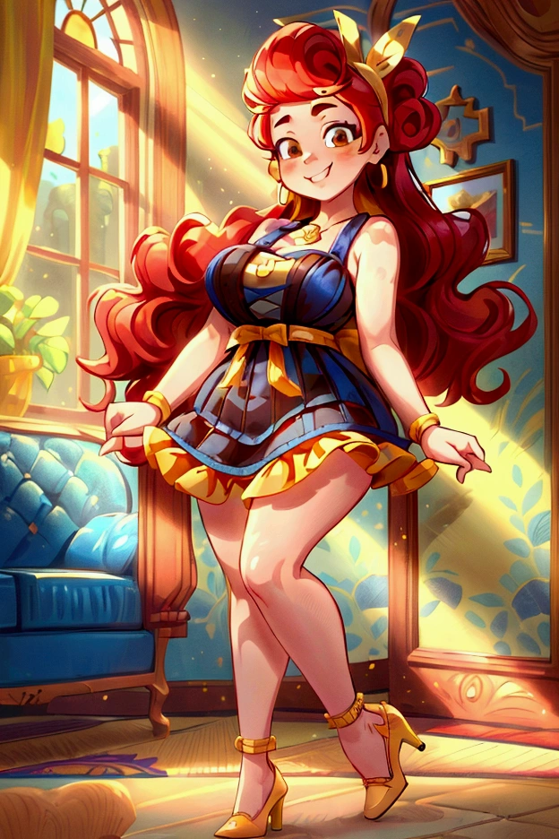 (masterpiece, best quality) (Landscape: standing, indoor, intricate detail, sunlight) (Outfit: blue and yellow frilly dress, red high heel shoes, earrings, headband ) (Body: red hair, brown eyes, big size body, lovely) (Expressions: smiley face, sexy pose, coquette) 
