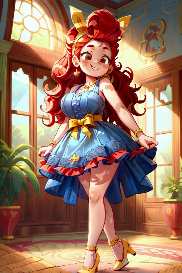 (masterpiece, best quality) (Landscape: standing, indoor, intricate detail, sunlight) (Outfit: blue and yellow frilly dress, red high heel shoes, earrings, headband ) (Body: red hair, brown eyes, big size body, lovely) (Expressions: smiley face, sexy pose, coquette) 
