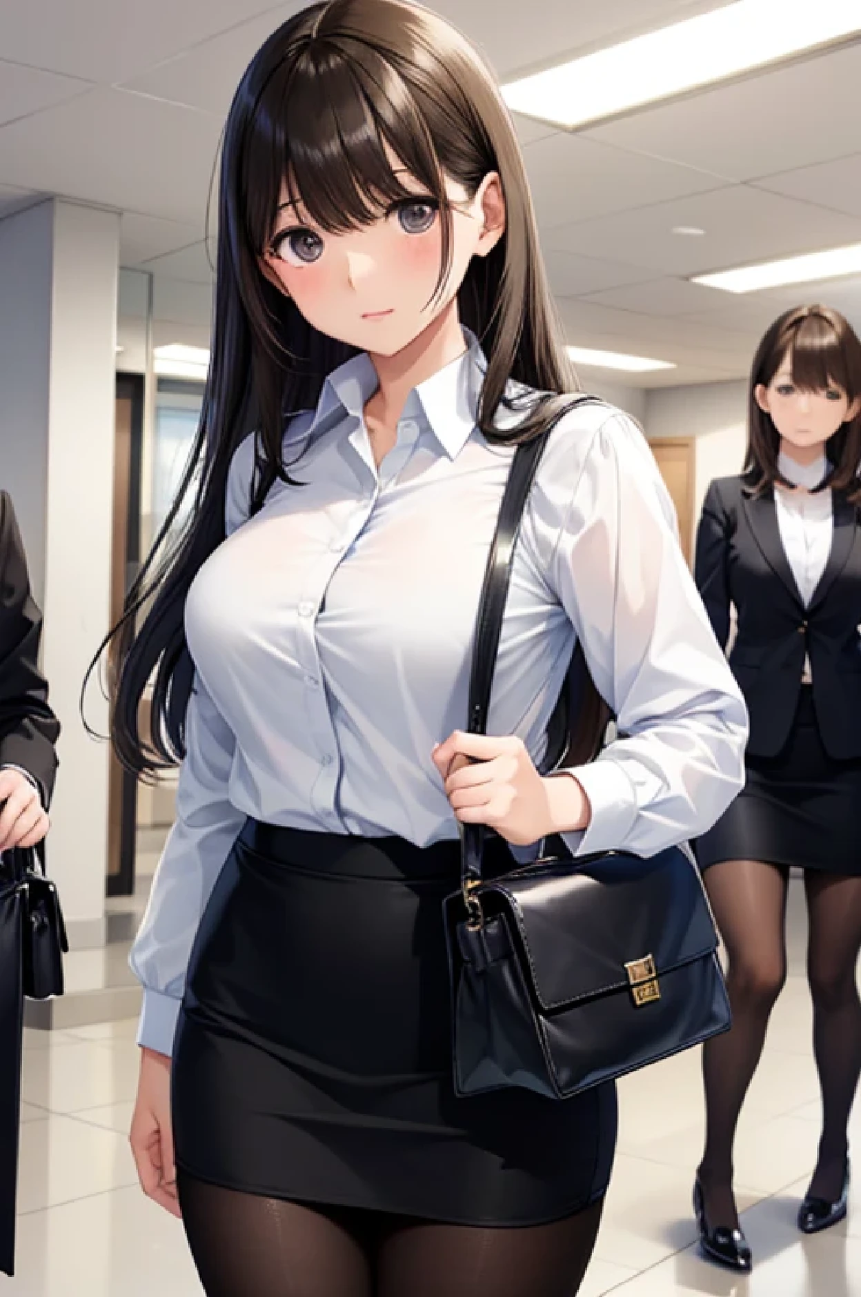 私は黒いセーターを着ています, two women in business attire, one with a purse in one hand and a handbag in the other, 1girl, solo, bag, skirt, pantyhose, office lady, handbag, long hair, pencil skirt, shirt, white shirt