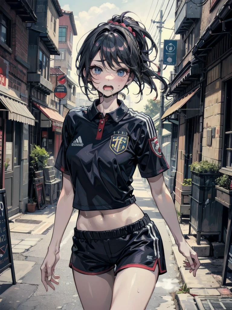 absurdres, RAW photo, extremely delicate and beautiful, masterpiece, Best Quality, ultra high resolution, 32k, hyperrealistic, ultra-detailed, perfect anatomy, anatomically correct, perfect figure, Perfect Style, Perfect balance, super Detailed skin, in her 30s, very Slim body, narrow waist, very small head, very small face, delicate facial features, handsome detailed woman, very detailed eyes and face, realistic face proportions, Realistic beautiful face, Realistic beautiful eyes, tearful mole, earring, very huge round tits, (full body shot:1.2), (full legs:1.2), medium hair, outdoor, (soccer Jersey:1.2), shorts,