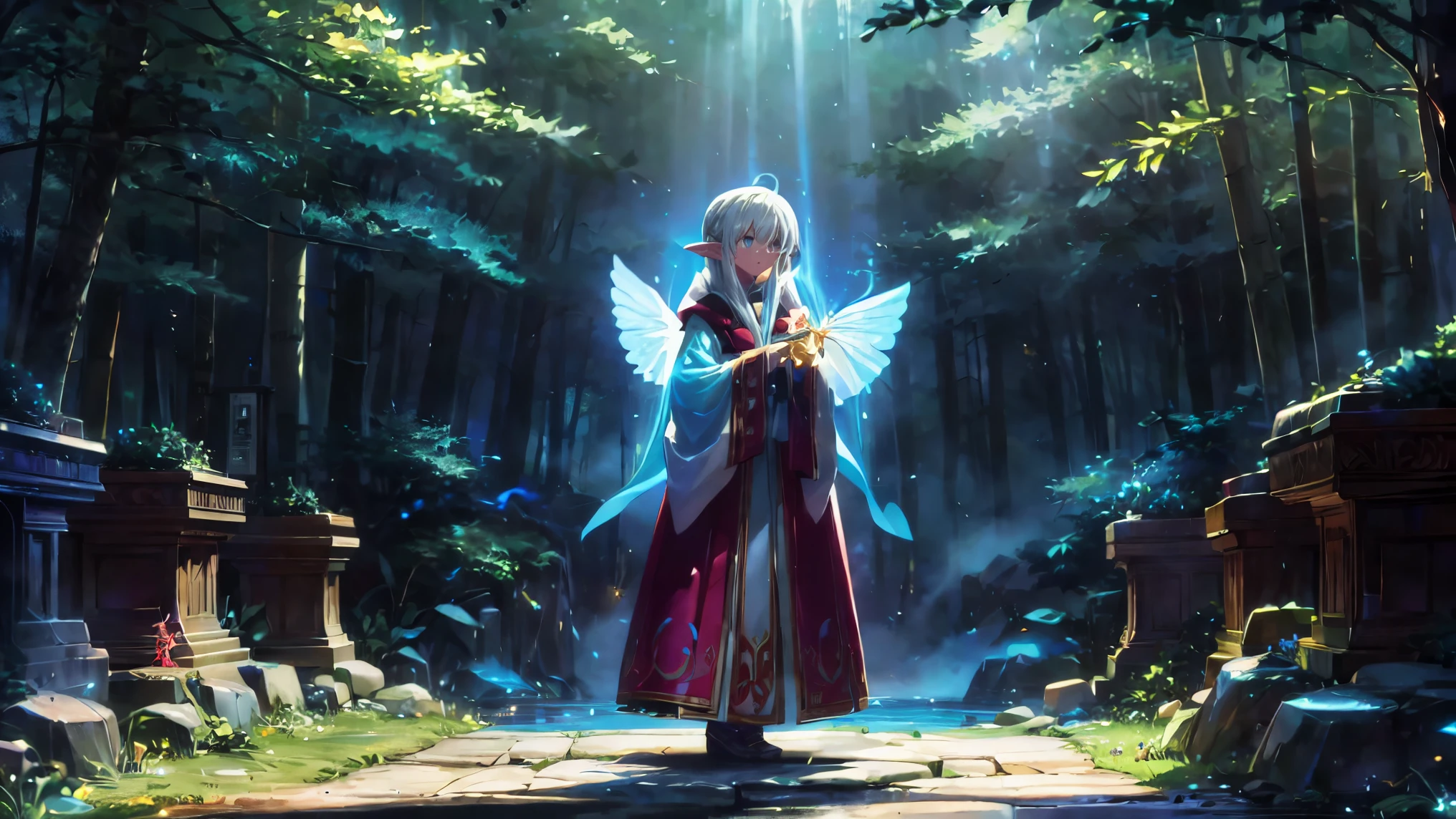アニメスタイル、Two stunning women standing near a glowing stone altar encircled by floating, magical runes. The dense forest around them is illuminated by the altar's light, revealing glowing plants and faint mist drifting through the air. One woman gazes at the glowing altar, while the other looks toward the viewer. Their cloaks and hair flow softly, touched by the ethereal light. Ultra-realistic 8K, cinematic composition, and vibrant magical effects.