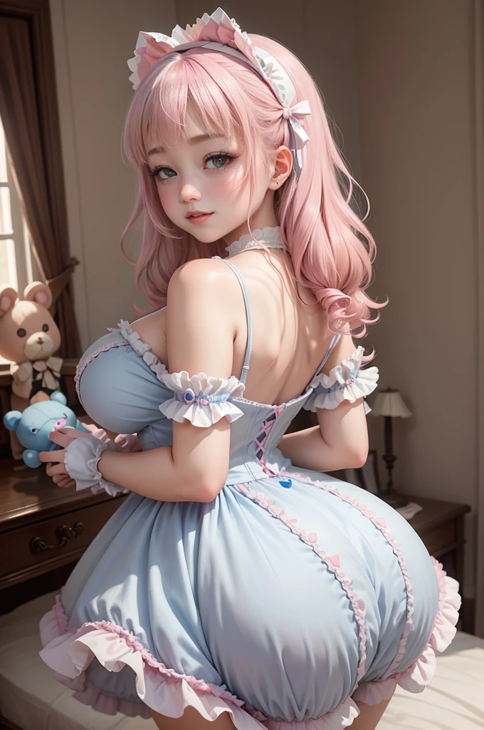 1girl, photo, masterpiece, sweetlolita at bedroomgothic gothic interior, blue white dress fabric, heart shape on cheek, blush pink makeup, gloves, smile, pastel color, ornate, broderry, holding stuffed teddy bear, bokeh,, huge boobs, huge ass