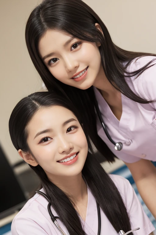 Two or more dental hygienists wearing light pink nurse uniforms Short sleeves Japanese Black hair Early 20s Female Upper body close-up smile Shooting in a brightly lit hospital Harmony々 No accessories included