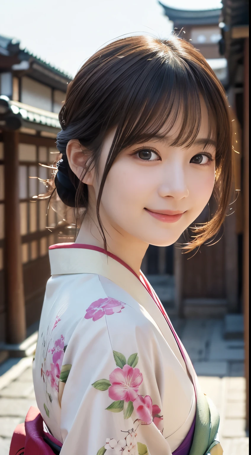 Professional Lighting,(Photorealistic:1.4), (Top image quality:1.0), (超A high resolution:1.0), 8k, Raw photography, (masterpiece:0.2), (Facing the children_v1:0.5)、(最高quality Detail:1.2)、Realistic、8K Ultra HD、High resolution、(1 girl:1.2)、超detailedな、High quality textures、複雑なdetailed、detailed、Very detailed CG、High quality shadows、detailed 美しく繊細な顔、Beautiful details and a delicate eye、(Symmetrical eyes:1.2),Written boundary depth、Ray Tracing,1 girl, Japanese Girls, (Natural smile:1.4),cute, thin, Portrait of a beautiful Japanese woman in a kimono, Standing elegantly on a street corner in Kyoto. Kimono with vibrant traditional patterns, Hair decorated with elegant and delicate hairpins, Gentle expression. (With the old streets of Kyoto in the background:1.4)、The soft light of a spring afternoon、Adding tranquility to the scene. Rendered in a Realistic style with great attention to detail, High resolutionの画像.Sky Porn, Magic Hour, (Realistic:1.3), finely, quality, (Tabletop:1.2), (Realistic:1.2), (最高quality), (複雑なdetailed), dramatic, Ray Tracing, photograph, +roller