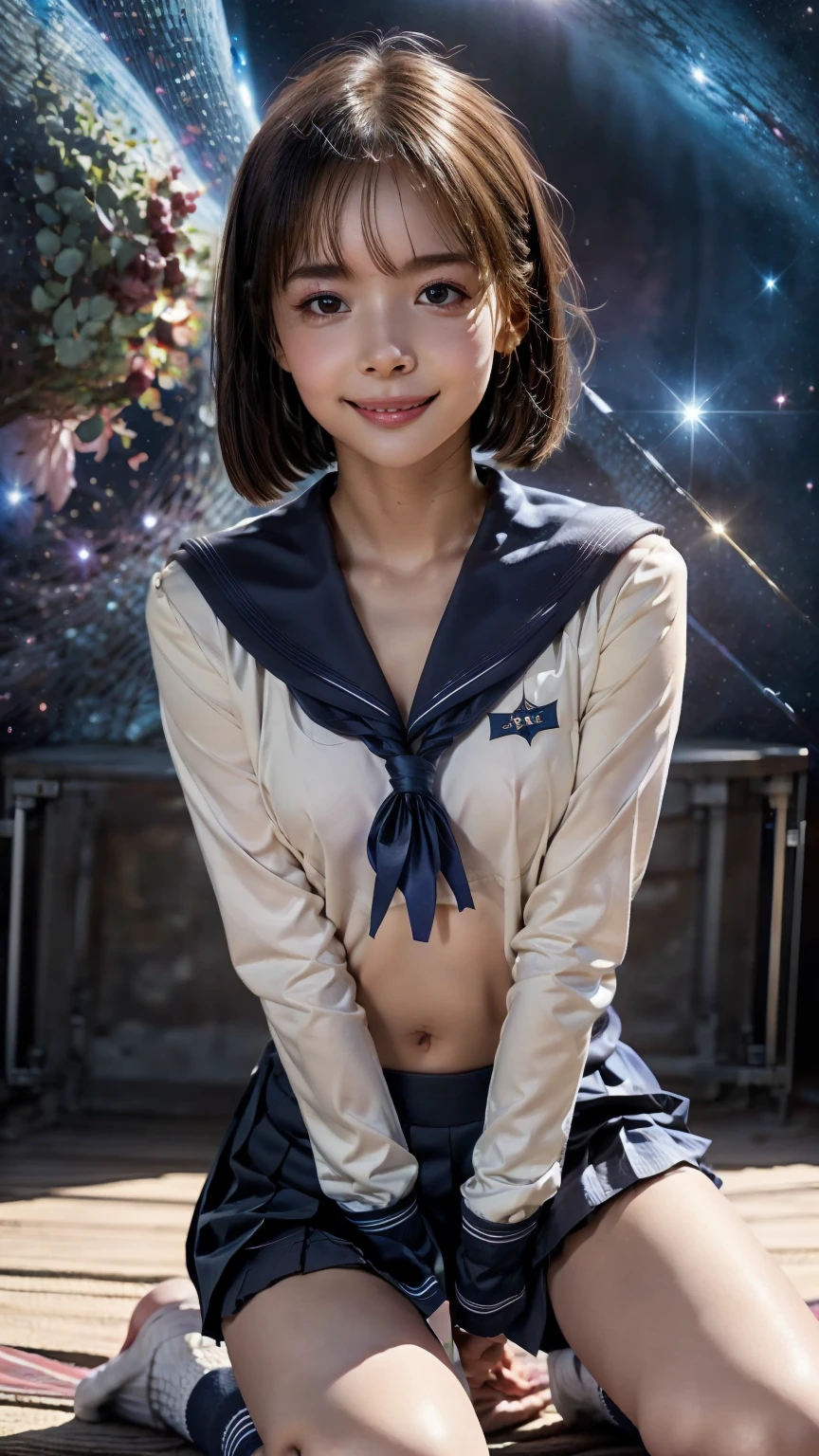 (Space background with lots of stars shining)、kneeling、 one adult female、( Watch Viewers)、 smiling gently 、(flat chest、slim body)、High School Uniform,  sailor suit ,  pleated skirt ,  loose socks