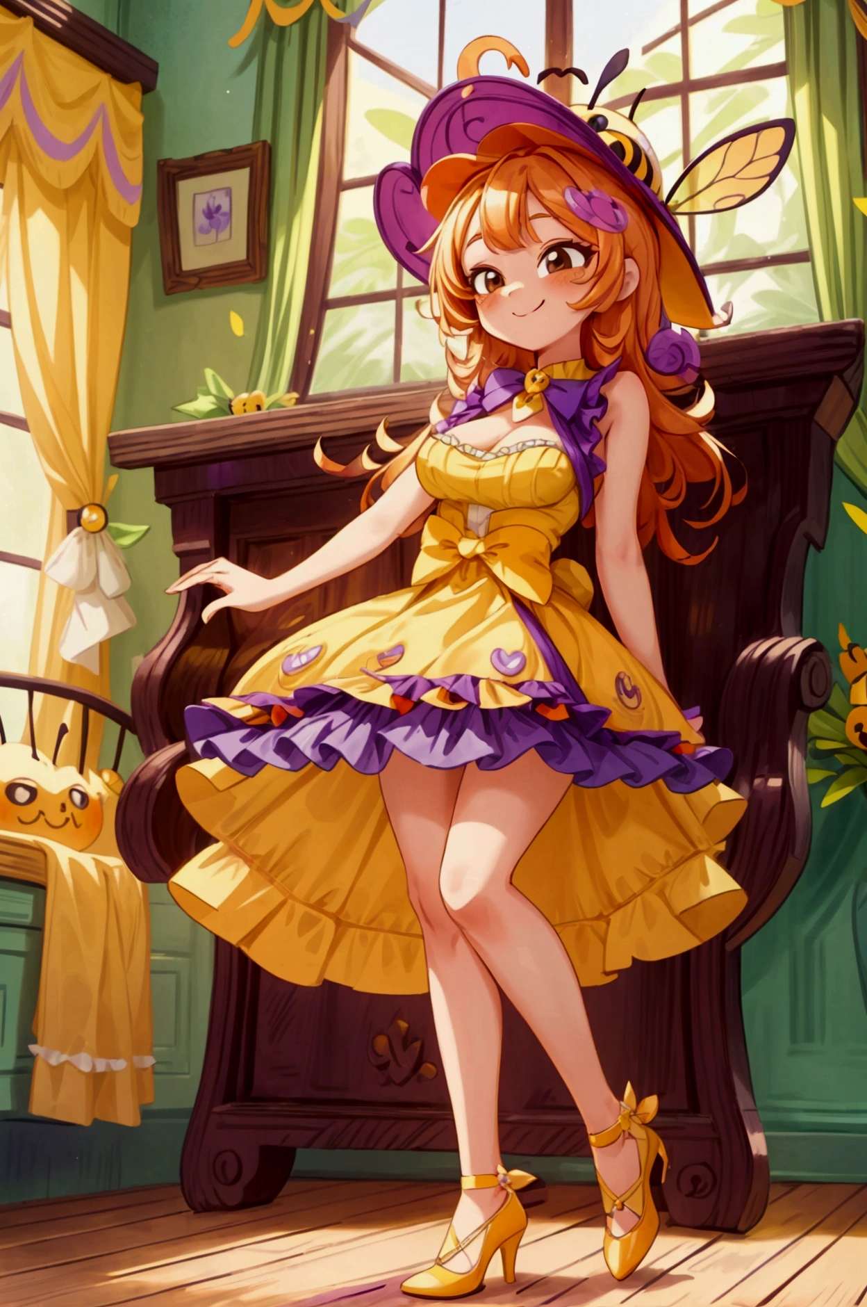 (masterpiece, best quality) standing, indoor, intricate detail, sunlight, yellow and purple frilly dress, purple and yellow heels shoes, orange hair, cute bee hat, brown dark eyes, smiley face, sexy pose, coquette, gorgeous legs, mature teenager body, lovely, gorgeous body, pronounced breasts