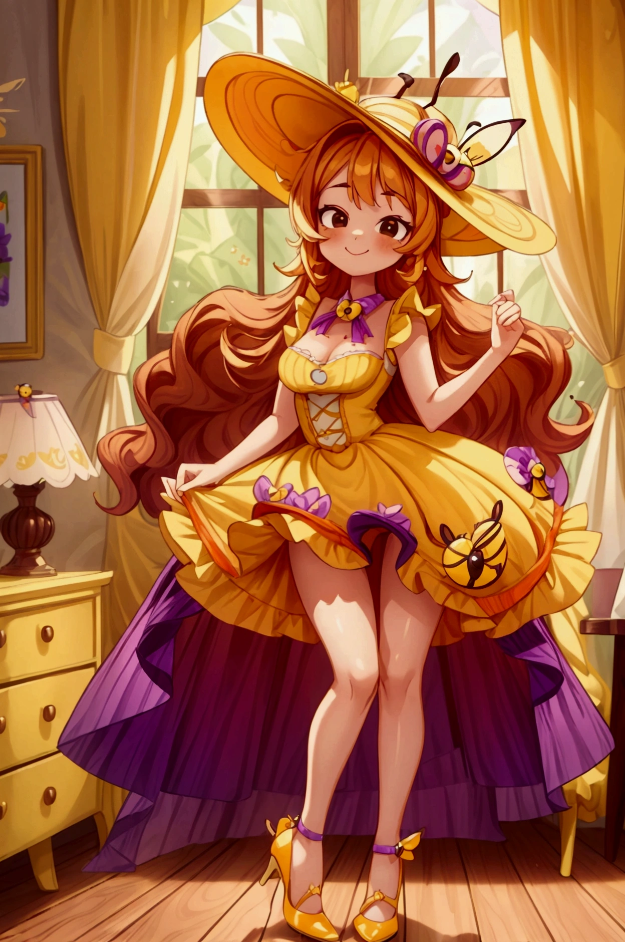 (masterpiece, best quality) standing, indoor, intricate detail, sunlight, yellow and purple frilly dress, purple and yellow heels shoes, orange hair, cute bee hat, brown dark eyes, smiley face, sexy pose, coquette, gorgeous legs, mature teenager body, lovely, gorgeous body, pronounced breasts