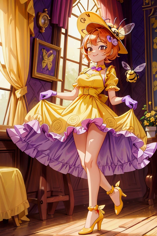 (masterpiece, best quality) standing, indoor, intricate detail, sunlight, yellow and purple frilly dress, purple and yellow heels shoes, orange hair, cute bee hat, brown dark eyes, smiley face, sexy pose, coquette, gorgeous legs, mature teenager body, lovely, gorgeous body, pronounced breasts