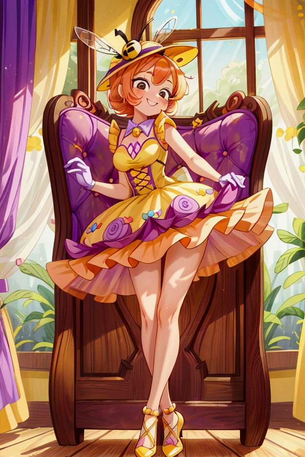 (masterpiece, best quality) standing, indoor, intricate detail, sunlight, yellow and purple frilly dress, purple and yellow heels shoes, orange hair, cute bee hat, brown dark eyes, smiley face, sexy pose, coquette, gorgeous legs, mature teenager body, lovely, gorgeous body, pronounced breasts