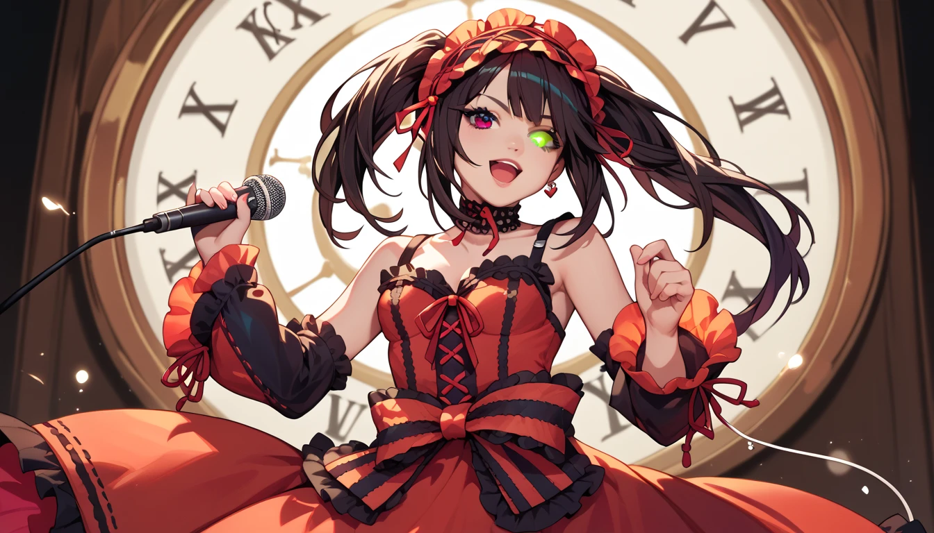 score_9, score_8_up, score_7_up, 1 girl, solo, KurumiBase, (clock eyes), heterochromia, twintails, hairband, red dress, frills, detached sleeves, frilled choker,  cowboy shot, sing, singing, holding mic, mic, open mouth, looking at viewers, 