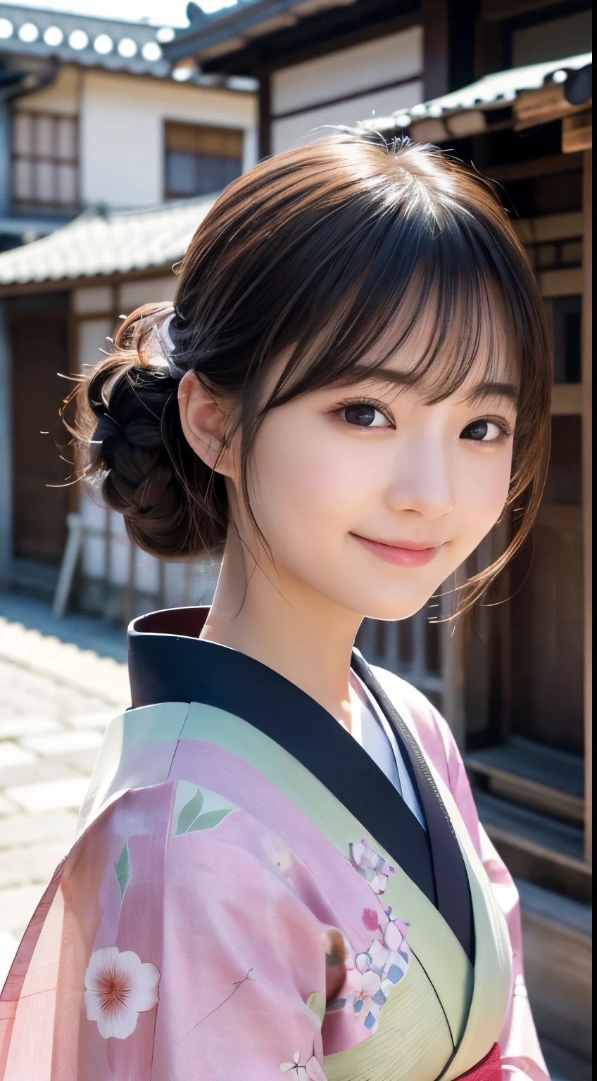Professional Lighting,(Photorealistic:1.4), (Top image quality:1.0), (超A high resolution:1.0), 8k, Raw photography, (masterpiece:0.2), (Facing the children_v1:0.5)、(最高quality Detail:1.2)、Realistic、8K Ultra HD、High resolution、(1 girl:1.2)、超detailedな、High quality textures、複雑なdetailed、detailed、Very detailed CG、High quality shadows、detailed 美しく繊細な顔、Beautiful details and a delicate eye、(Symmetrical eyes:1.2),Written boundary depth、Ray Tracing,1 girl, Japanese Girls, (Natural smile:1.4),cute, thin, Portrait of a beautiful Japanese woman wearing a kimono, Standing elegantly on a street corner in Kyoto. Kimono with vibrant traditional patterns, Hair decorated with elegant and delicate hairpins, Gentle expression. (With the old streets of Kyoto in the background:1.4)、The soft light of a spring afternoon、Adding tranquility to the scene. Rendered in a Realistic style with great attention to detail, High resolutionの画像.Sky Porn, Magic Hour, (Realistic:1.3), finely, quality, (Tabletop:1.2), (Realistic:1.2), (最高quality), (複雑なdetailed), dramatic, Ray Tracing, photograph, +roller