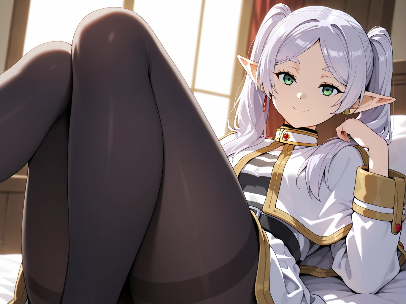 (masterpiece), best quality, absurdres, very aesthetic, nice hands, 1 girl,zzFrieren, long hair, smile,  twintails, green eyes, grey hair, pointy ears, elf, zzFrieren, long hair, twintails, green eyes, grey hair, pointy ears, elf, shirt, long sleeves, jewelry, earrings, striped, capelet, striped shirt, white skirt, black pantyhose,