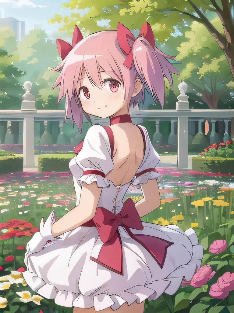 1girl, solo, masterpiece, best quality,
gloves, mahou shoujo madoka magica, kaname madoka, madoka kaname, pink eyes, tareme, pink hair, short hair, twintails, short twintails, hair ribbon, red ribbon, magical girl, choker, ribbon choker, soul gem, collarbone, short sleeves, puffy sleeves, puffy short sleeves, center frills, white gloves, backless outfit, shoulder blades, medium breasts, bubble skirt, bow skirt,big hips,skindentation,skirt lift,
cowboy shot, twisted torso, looking back,
blush, seductive smile,
outdoors, garden