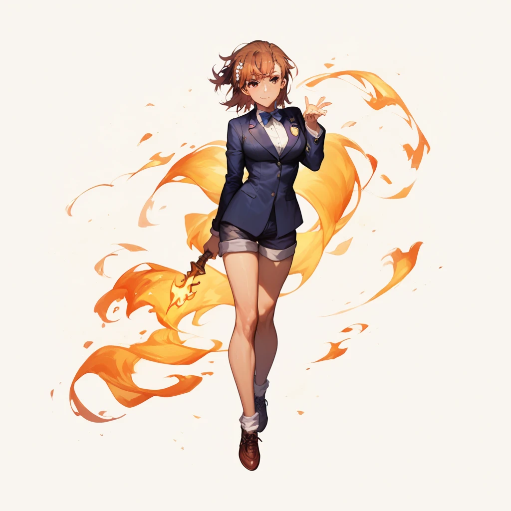 Top quality, full body, standing, from front,looking at viewer, simple background,misaka mikoto,  blazer uniform、,large breasts,Flame in the right hand, cold air in the left hand