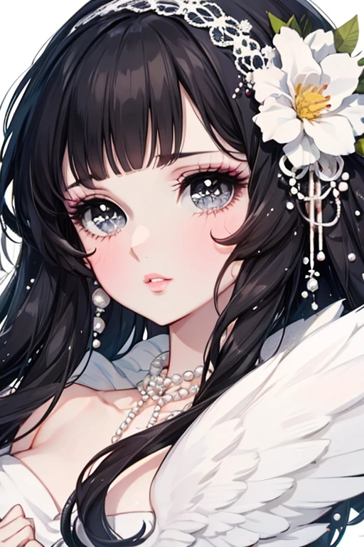 1 Beautiful girl ,  long silky straight black hair, blunt bangs,  grey eyes, super detailed big eyes and lips, cupid bow lips, blushing, long eyelashes,makeup douyin, focus on eyes, full of flowers and pearls