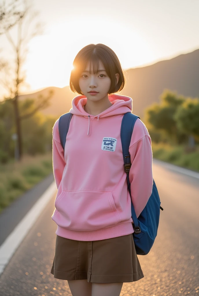 top quality 8k, high resolution, professional photographic, ultra detailed, 15mm film, portrait, (19 year old, beautiful Japanese female nearby, REIKA standing legs parted:1.3), beautiful very short bob cut:1.4, beautiful nape, (big hip best proportion:1.5), arms behind back, (blue backpack, brown-skirt, too large pink hooded sweatshirt, "Japanese businessman":1.4), (thick thigh smooth thigh radiant thigh focus), ((too very blushing tareme)), (ultra detailed sunrise backlighting:1.5), (good depth field, Lonely Traveler in  country road:1.5), (from above close up face:1.3),  