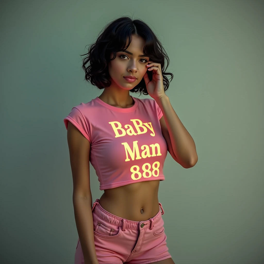 score_9, score_8_up, score_7_up, sfw,cropped t-shirt, (flat chest like a boy:1.2), 1girl, ebony, solo , wavy blond hair, inside, apartment