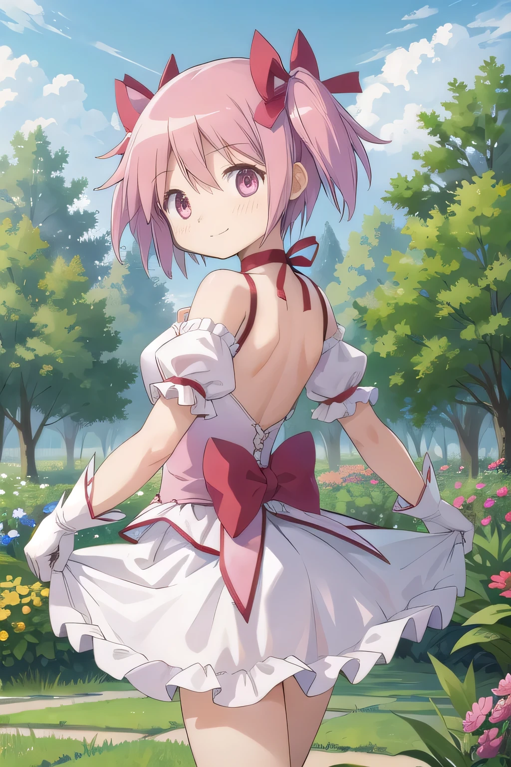 1girl, solo, masterpiece, best quality,
        gloves, mahou shoujo madoka magica, kaname madoka, madoka kaname, pink eyes, tareme, pink hair, short hair, twintails, short twintails, hair ribbon, red ribbon, magical girl, choker, ribbon choker, soul gem, collarbone, short sleeves, puffy sleeves, puffy short sleeves, center frills, white gloves, backless outfit, shoulder blades, medium breasts, bubble skirt, bow skirt,big hips,skindentation,((skirt lift)),panties,covered ass,from below,
          full body, twisted torso, looking back,
          blush, seductive smile,
          outdoors, garden