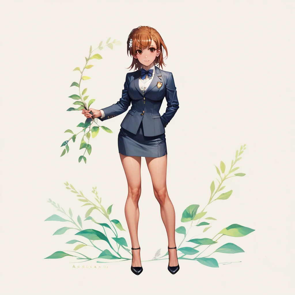 Top quality, full body, standing, from front,looking at viewer, simple background,misaka mikoto,  blazer uniform、,large breasts,Manipulate the four major elements