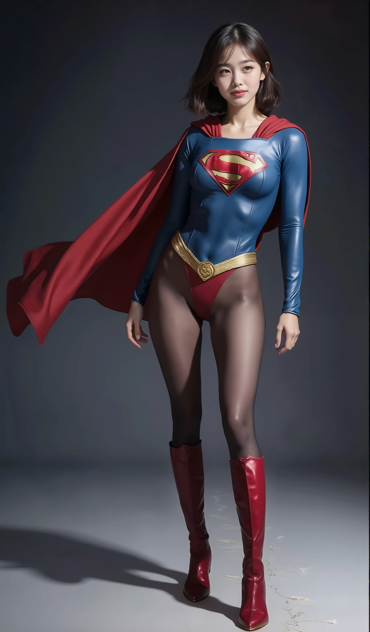 background 、((( Depicting beautiful legs in black tights .)))、((( Legally express the beauty of your smile )))、(((( make the most of your own original image )))、((( Rolling backwards in a supergirl costume )))、(((ボディにフィットした Rolling backwards in a supergirl costume )))、(((Beautiful Hair)))、(((A smile and a wink )))、(((Please wear black tights....、Wear red boots)))、(( top quality、8k))、(( top quality、8k、 Masterpiece :1.3))、(((Save the background )))、 Strong concentration:1.2、 beautiful woman with a perfect figure in a traditional Japanese room sitting on tatami mat :1.4、 slim abs :1.2、 High resolution face and skin texture 、8k